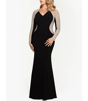 Xscape Plus Size Long Sleeve V-Neck Crystal Beaded Gown