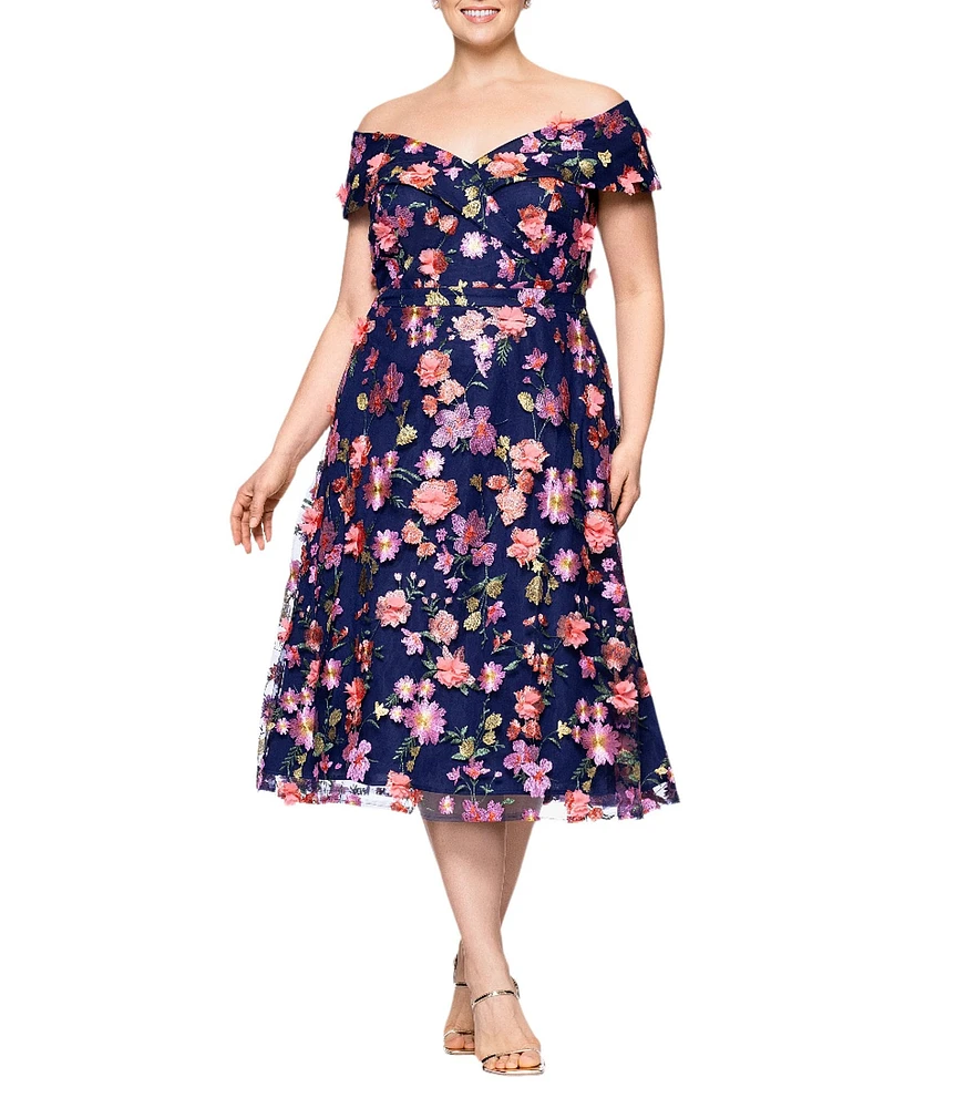 Xscape Plus Size Off-The-Shoulder Portrait Collar A-Line Dress