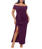 Xscape Plus Size Off-the-Shoulder Ruched Waist Scuba Crepe Thigh High Slit Gown