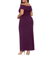 Xscape Plus Size Off-the-Shoulder Ruched Waist Scuba Crepe Thigh High Slit Gown