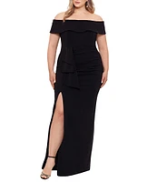 Xscape Plus Size Off-the-Shoulder Ruched Waist Scuba Crepe Thigh High Slit Gown