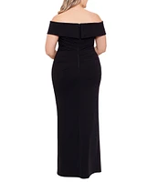 Xscape Plus Size Off-the-Shoulder Ruched Waist Scuba Crepe Thigh High Slit Gown