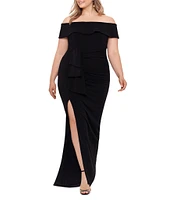 Xscape Plus Size Off-the-Shoulder Ruched Waist Scuba Crepe Thigh High Slit Gown