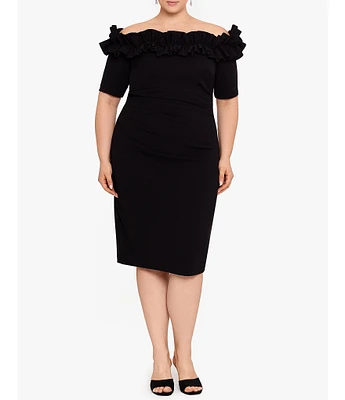 Xscape Plus Size Off-the-Shoulder Ruffle Neck Short Sleeve Stretch Scuba Crepe Dress