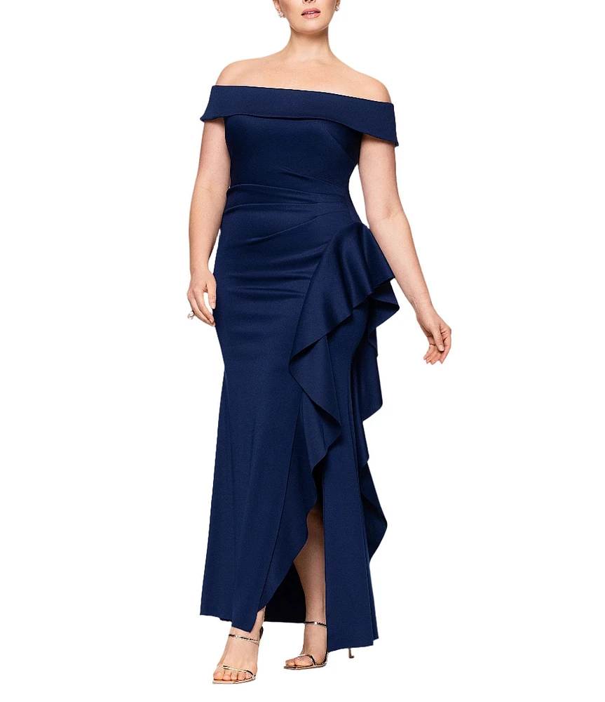 Xscape Plus Size Off-The-Shoulder Ruffle Tech Scuba Dress