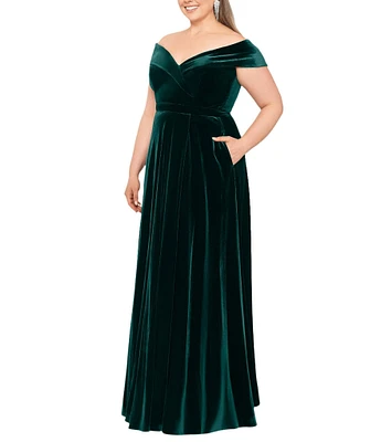 Xscape Plus Size Off-the-Shoulder Short Sleeve Velvet A-Line Gown