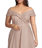 Xscape Plus Size Off-the-Shoulder Sweetheart Neck Cap Sleeve Glitter Ball Gown