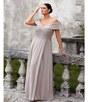 Xscape Plus Size Off-the-Shoulder Sweetheart Neck Cap Sleeve Glitter Ball Gown