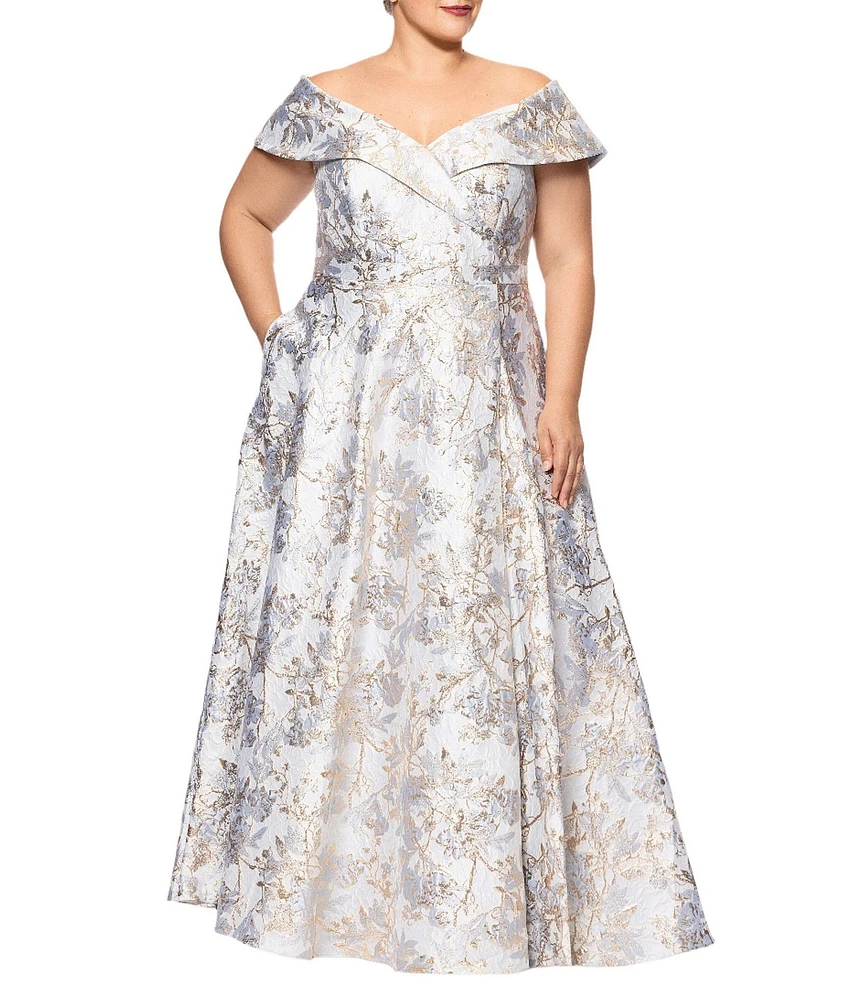 Xscape Plus Size Off-the-Shoulder Sweetheart Neck Short Sleeve Brocade Ball Gown