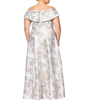 Xscape Plus Size Off-the-Shoulder Sweetheart Neck Short Sleeve Brocade Ball Gown