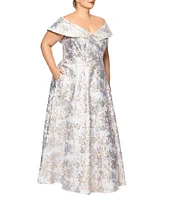 Xscape Plus Size Off-the-Shoulder Sweetheart Neck Short Sleeve Brocade Ball Gown