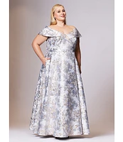Xscape Plus Size Off-the-Shoulder Sweetheart Neck Short Sleeve Brocade Ball Gown