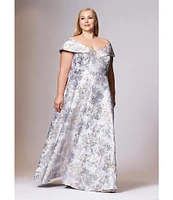 Xscape Plus Size Off-the-Shoulder Sweetheart Neck Short Sleeve Brocade Ball Gown