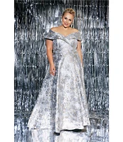 Xscape Plus Size Off-the-Shoulder Sweetheart Neck Short Sleeve Brocade Ball Gown