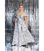Xscape Plus Size Off-the-Shoulder Sweetheart Neck Short Sleeve Brocade Ball Gown