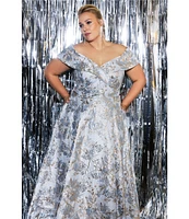 Xscape Plus Size Off-the-Shoulder Sweetheart Neck Short Sleeve Brocade Ball Gown