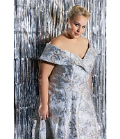 Xscape Plus Size Off-the-Shoulder Sweetheart Neck Short Sleeve Brocade Ball Gown
