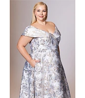 Xscape Plus Size Off-the-Shoulder Sweetheart Neck Short Sleeve Brocade Ball Gown