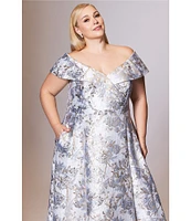 Xscape Plus Size Off-the-Shoulder Sweetheart Neck Short Sleeve Brocade Ball Gown