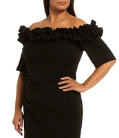 Xscape Plus Size Ruffled Off-the-Shoulder Short Sleeve Crepe Sheath Gown