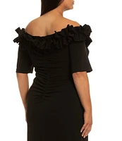 Xscape Plus Size Ruffled Off-the-Shoulder Short Sleeve Crepe Sheath Gown