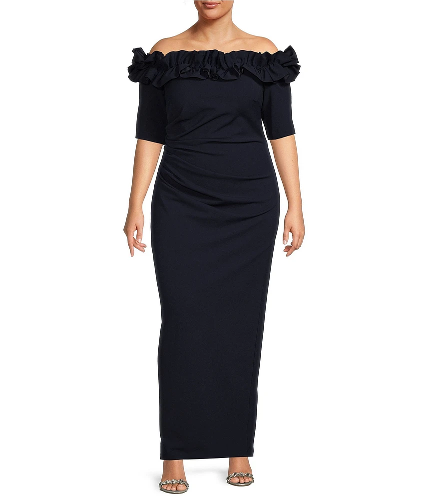 Xscape Plus Size Ruffled Off-the-Shoulder Short Sleeve Crepe Sheath Gown