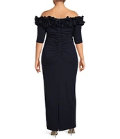 Xscape Plus Size Ruffled Off-the-Shoulder Short Sleeve Crepe Sheath Gown