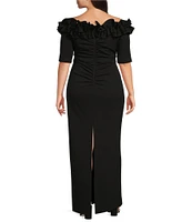 Xscape Plus Size Ruffled Off-the-Shoulder Short Sleeve Crepe Sheath Gown