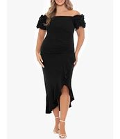 Xscape Plus Size Ruffle Short Sleeve Off-The-Shoulder Ruched Sheath Dress