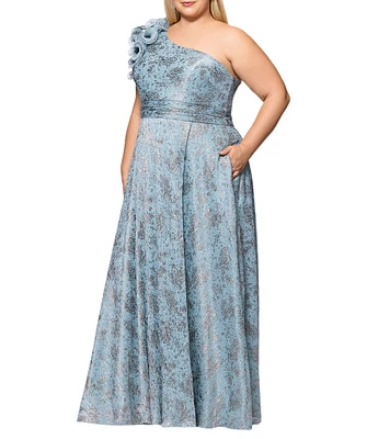 Xscape Plus Size Ruffled One Shoulder Crinkled Foil A-Line Gown
