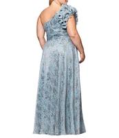 Xscape Plus Size Ruffled One Shoulder Crinkled Foil A-Line Gown