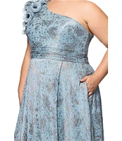 Xscape Plus Size Ruffled One Shoulder Crinkled Foil A-Line Gown