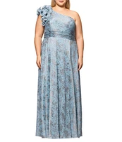 Xscape Plus Size Ruffled One Shoulder Crinkled Foil A-Line Gown