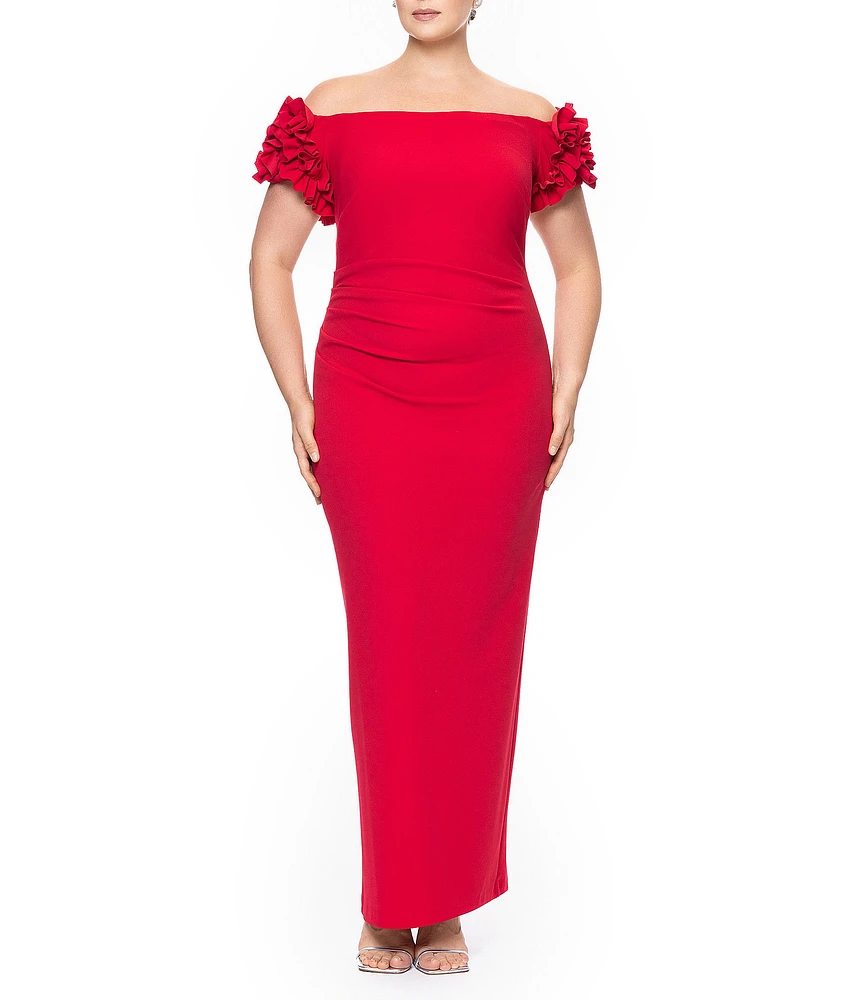 Xscape Plus Size Scuba Crepe Off-the-Shoulder Short Ruffle Sleeves Ruched Gown