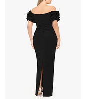 Xscape Plus Size Scuba Crepe Off-the-Shoulder Short Ruffle Sleeves Ruched Gown