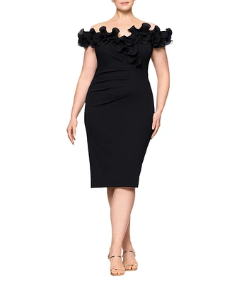 Xscape Plus Size Scuba Crepe V-Neck Sleeveless Wire Ruffle Trim Ruched Back Dress