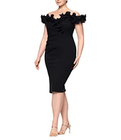 Xscape Plus Size Scuba Crepe V-Neck Sleeveless Wire Ruffle Trim Ruched Back Dress