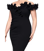 Xscape Plus Size Scuba Crepe V-Neck Sleeveless Wire Ruffle Trim Ruched Back Dress