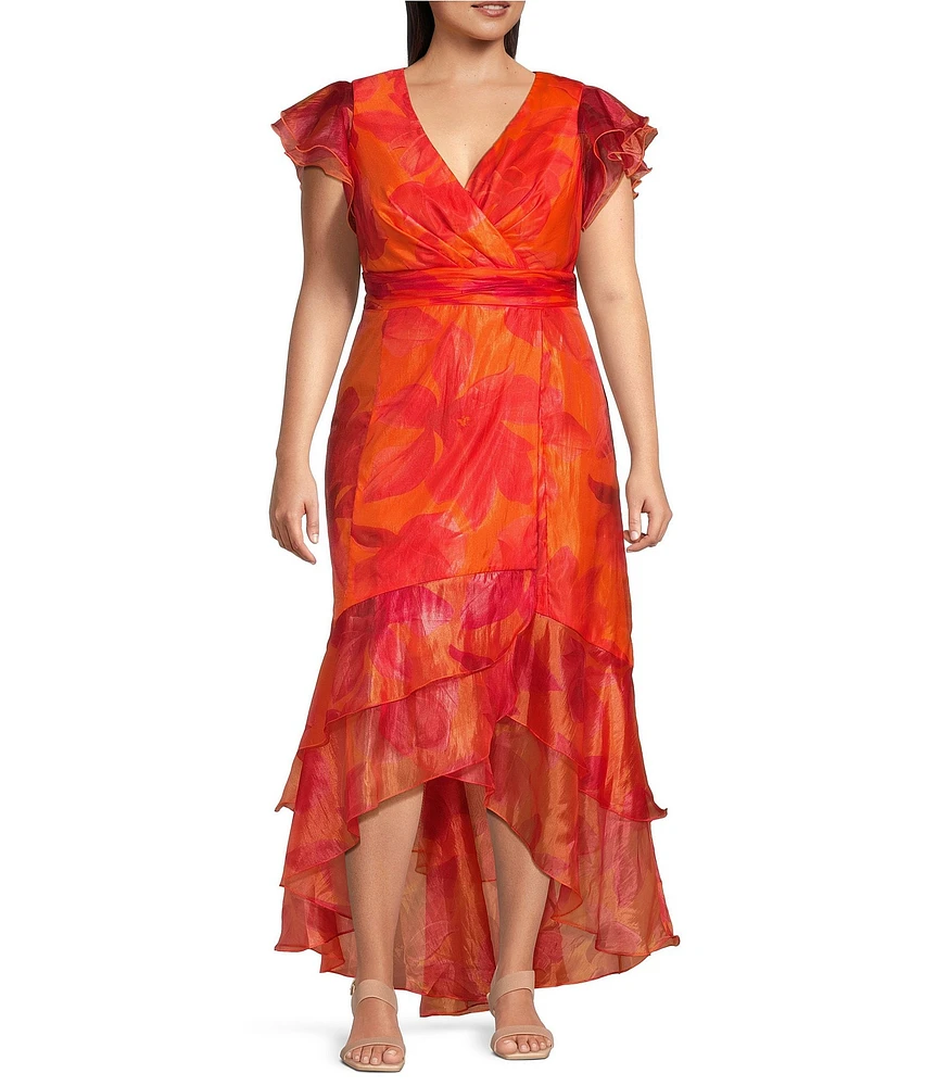 Xscape Plus Size Short Flutter Sleeve V-Neck Organza A-Line Dress