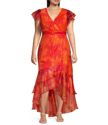 Xscape Plus Size Short Flutter Sleeve V-Neck Organza A-Line Dress
