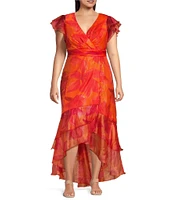 Xscape Plus Size Short Flutter Sleeve V-Neck Organza A-Line Dress
