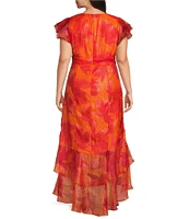 Xscape Plus Size Short Flutter Sleeve V-Neck Organza A-Line Dress