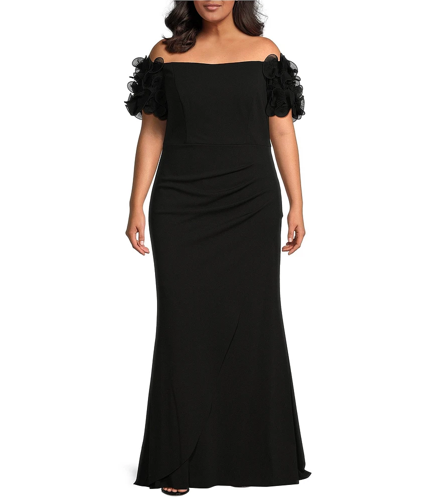 Xscape Plus Size Short Ruffled Sleeve Off-The-Shoulder Scuba Crepe Gown