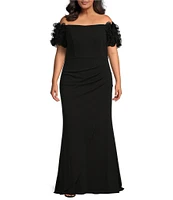 Xscape Plus Size Short Ruffled Sleeve Off-The-Shoulder Scuba Crepe Gown