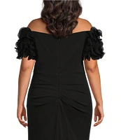 Xscape Plus Size Short Ruffled Sleeve Off-The-Shoulder Scuba Crepe Gown