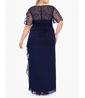 Xscape Plus Size Short Sleeve Beaded Illusion Boat Neck Ruched Long Dress