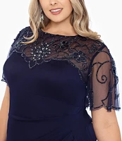 Xscape Plus Size Short Sleeve Beaded Illusion Boat Neck Ruched Long Dress