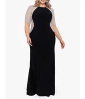 Xscape Plus Size Short Sleeve Crew Neck Beaded Gown