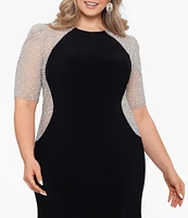 Xscape Plus Size Short Sleeve Crew Neck Beaded Gown