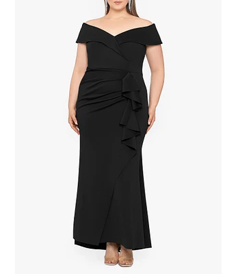 Xscape Plus Size Sleeveless Sweetheart Neck Cascade Ruffled Long Scuba Crepe Dress